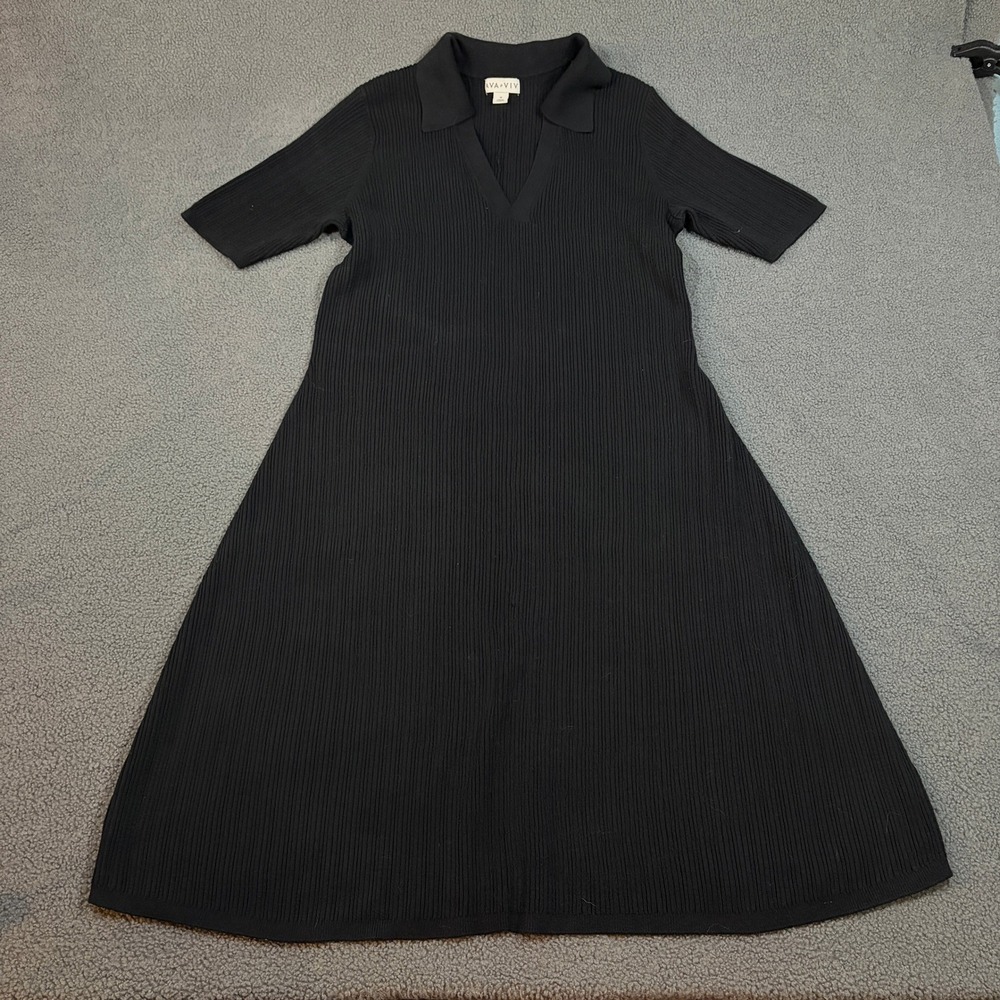 Ava & Viv Dress Womens 1X Black Ribbed Knit Short Sleeve Polo V-Neck A-Line 8753